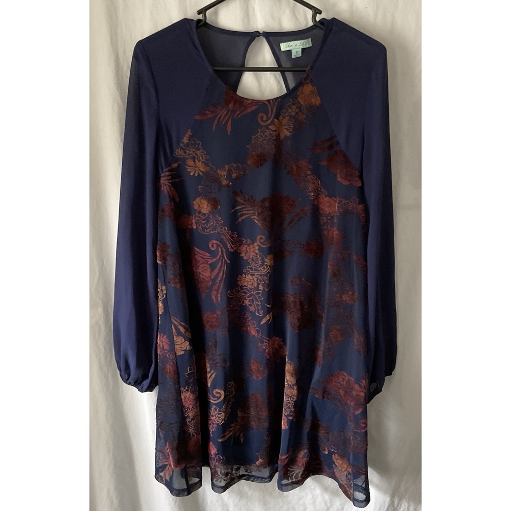 she And sky Mini Dress Silk Floral Sheer Overlay Small Boho Long Sleeve Bohemian